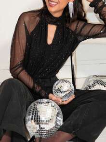 Camiseta de manga larga con malla brillante de strass y recortes, adecuada para citas, uso diario, fiestas de cumpleaños, principios de primavera - Negro - Ver 8