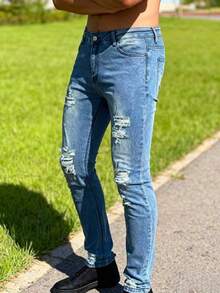 Men's Distressed Denim Jeans | Faded Light Blue Slim Tapered Pants | Ripped Details On Knees And Thighs, Raw Edge Finish | Year-Round Wear, Hand Or Machine Washable | Versatile Everyday Pants For Casual Outfits, Matches With White Tees And Simple Shoes - 中等水洗藍 - 查看 4