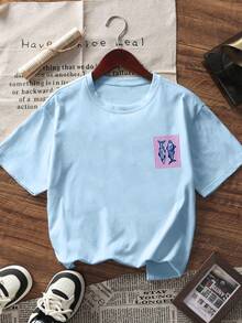 Tropical Print Pullover Short Sleeve T-Shirt, Comfortable & Fashionable Summer Top For Tween Girls - Baby Blue - View 4