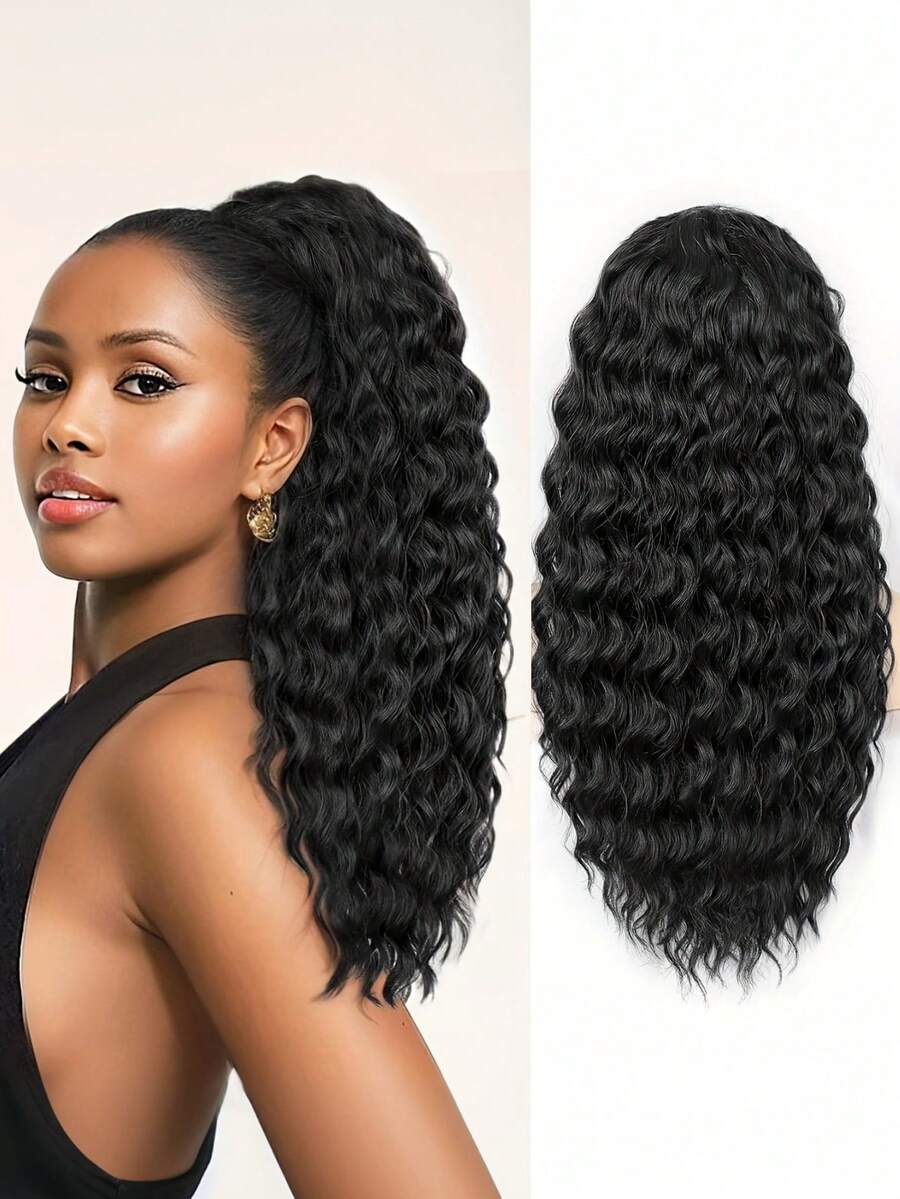 16-Inch One-Piece Curly Synthetic Hair Clip Ponytail Extensions, Drawstring Ponytail, Women's Black Mixed With Medium Brown - Black - View 1