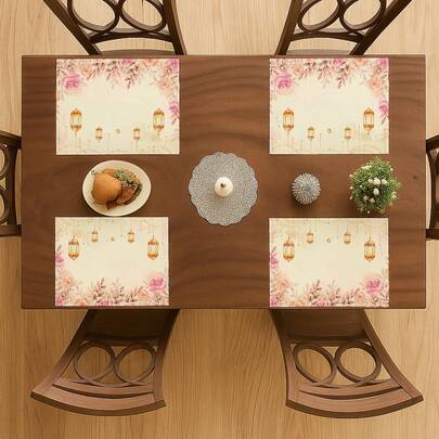 4件套粉色水彩花卉金色灯笼新月斋月餐垫，温馨家庭开斋饭/封斋饭用餐，优雅伊斯兰家居装饰