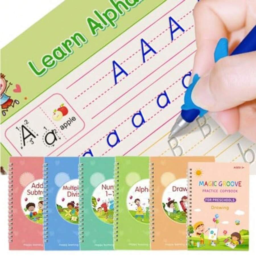 6 Pc Reusable Grooved Writing Practice Copy BooksGroovd Writing Learning Handwriting Practice Kit For Preschool Age 3-8 Calligraphy - Red Pink Green Blue - View 1