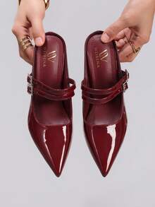 时尚穆勒高跟鞋，性感尖头超高跟派对鞋，细跟酒红色女士套脚凉鞋 - 酒紅色 - 查看 4