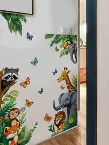 1pc Cartoon Cute Forest Animal Giraffe Elephant Butterfly Wall Sticker Decal For Kids Room Decor, Self-Adhesive - Multicolor - View 12