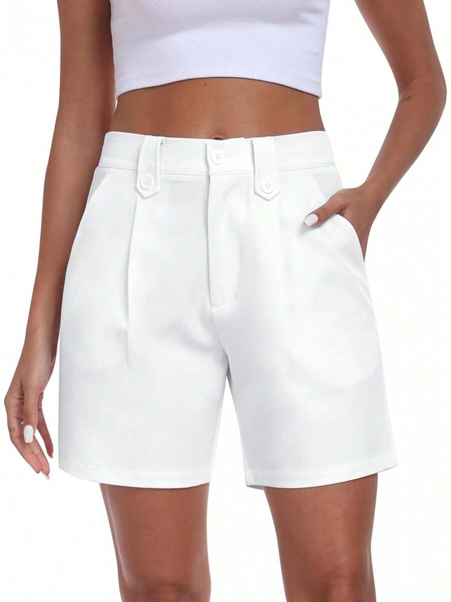 Dress Shorts Women Business Casual Summer Pleated Tailored Elastic Waist Work Office Trouser Shorts With PocketsA Valentine's Day LOS7 - 白色 - 查看 1