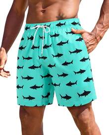 7inch Mens Swim Trunks: 2 In 1 With Compression Liner Stretch Quick Dry Drawstring Shark Pockets Beach Pool VacationA Valentine's Day 976M - Green Bottom Shark - View 7