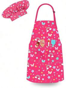 TendenciaDelantal y sombrero de chef para niños, delantales ajustables con bolsillo para niñas, niños, cocina, niños pequeños para cocinar y hornearCalidad premium - mariposas rosas - Ver 2