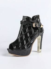 Black Peep-Toe Platform High Heel Pumps - Black - View 7