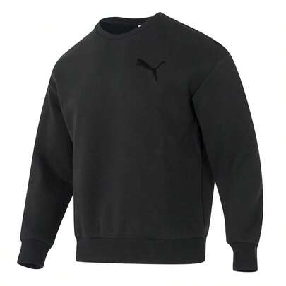 Puma Men's Black Pullover Sweatshirt ESS-ELEVATED-CAT-LOGO-Relaxed-Crew-DK, Minimalist Round Neck, Classic Casual Comfortable Soft Printed Commuter Sweatshirt 636791-01