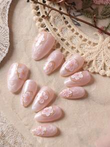 10pcs Acrylic Press On Nails Pink Nails Halation Flowerfake Nails Short Office DailyWear False Nails Artificial Nails Kit Includes 1sheet Adhesive Tabs &1 Pc Mini File - Multicolor - View 1