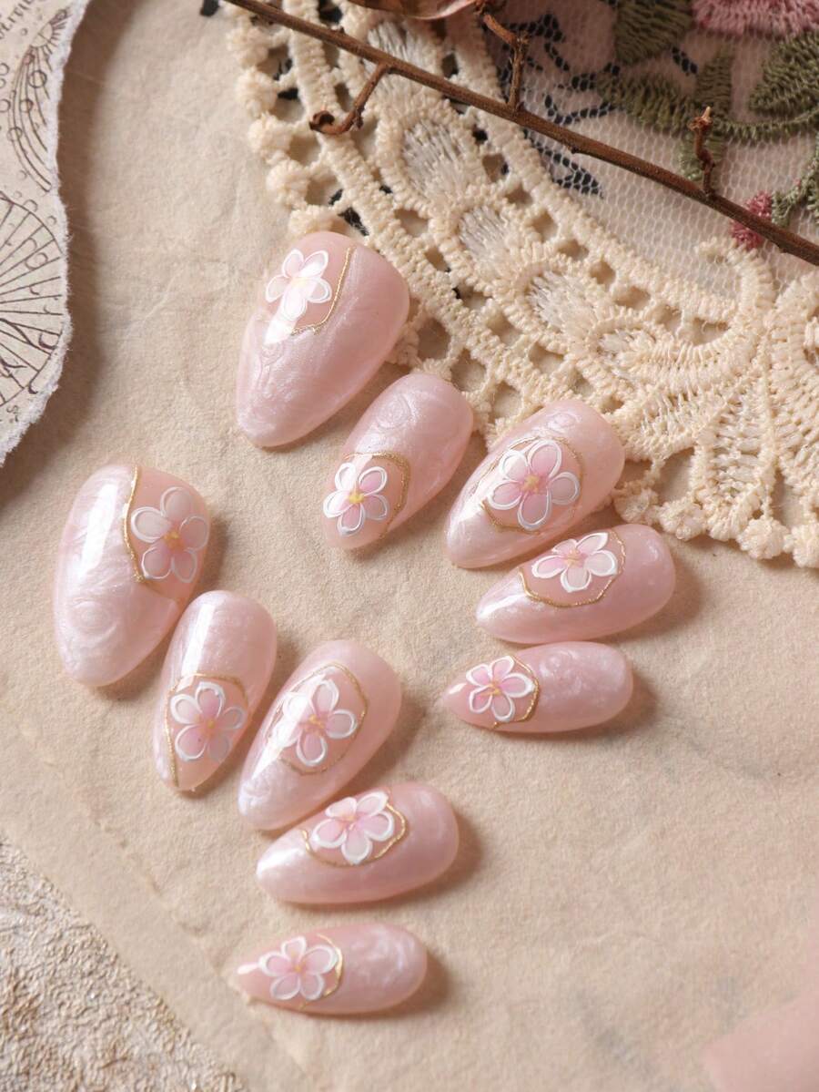 10pcs Acrylic Press On Nails Pink Nails Halation Flowerfake Nails Short Office DailyWear False Nails Artificial Nails Kit Includes 1sheet Adhesive Tabs &1 Pc Mini File - Multicolor - View 1