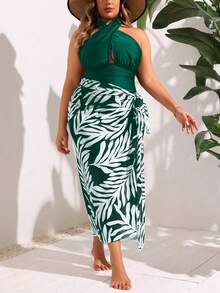 Plus-Size Women's Green Leaf Print, Crossover Halter Neck, Midi-Length Sarong Skirt, Two-Piece Swimsuit, Perfect For Beach Vacation. - 彩色 - 查看 1