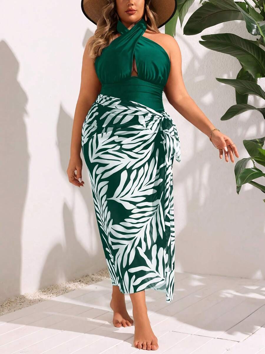 Plus-Size Women's Green Leaf Print, Crossover Halter Neck, Midi-Length Sarong Skirt, Two-Piece Swimsuit, Perfect For Beach Vacation. - 彩色 - 查看 1