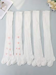 5pcs Girls' White Tight Leggings, Heart, Butterfly, Diamond, Wave Jacquard Tights, Suitable For Daily Wear All Seasons - White - View 5