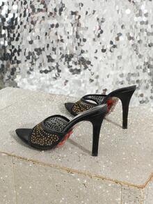 Sandalias de tacón alto con punta puntiaguda y malla para mujer, elegantes, románticas, cómodas y versátiles - Negro - Ver 7