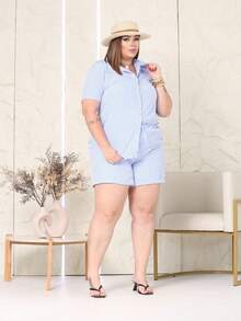 Women's Plus Size Short-Sleeved Shirt + Shorts Set - Beachwear - Xanh và trắng - Xem 4
