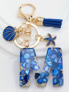 1PC Boho Nautical 26-Letter Resin Keychain - Blue & Golden Initial Pendant With Starfish/Shell/Tassel Charms, Fashionable Key Ring & Couple Bag/Backpack/Beach Bag Charm, Ideal Holiday Gift For Valentine's Day/Birthdays/Parties - Royal Blue - View 16