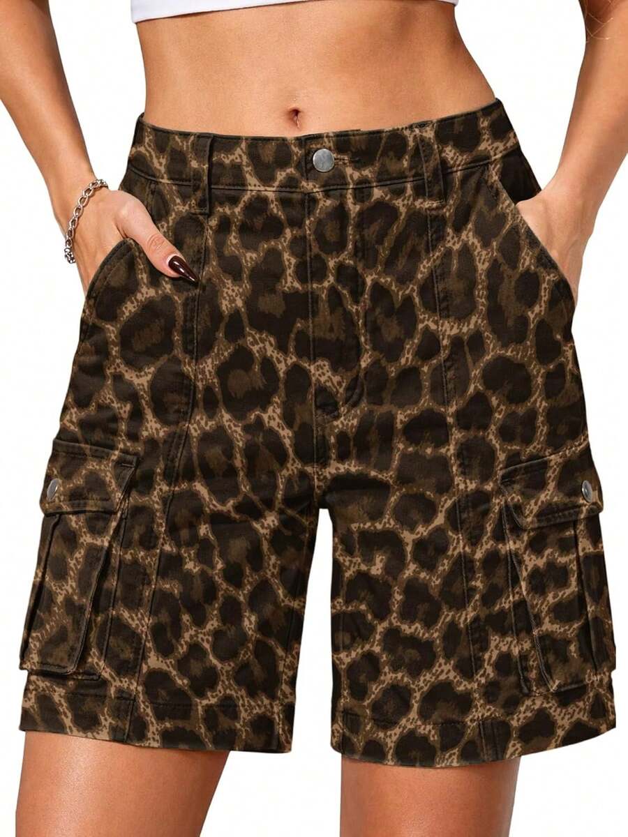 ELLEVEN Bermuda Cargo Shorts Women, Elastic High Waist 6 Pockets Shorts Inch Inseam Summer Jorts Women CasualA Valentine's Day 4RIF - Leopard Print - 查看 1