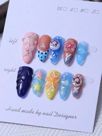 Set de 10 pegatinas de uñas de almendra hechas a mano en estilo océano azul Y2K, con diseños de estrellas y corazones tallados a mano en 3D y patrones de olas y estrellas de cinco puntas pintados a mano. Incluye 1 pieza de gel de gelatina y 1 lima de uñas. Perfecto para uso diario y para atuendos en el festival de música Coachella, así como para uñas postizas y productos para el cuidado de las uñas.