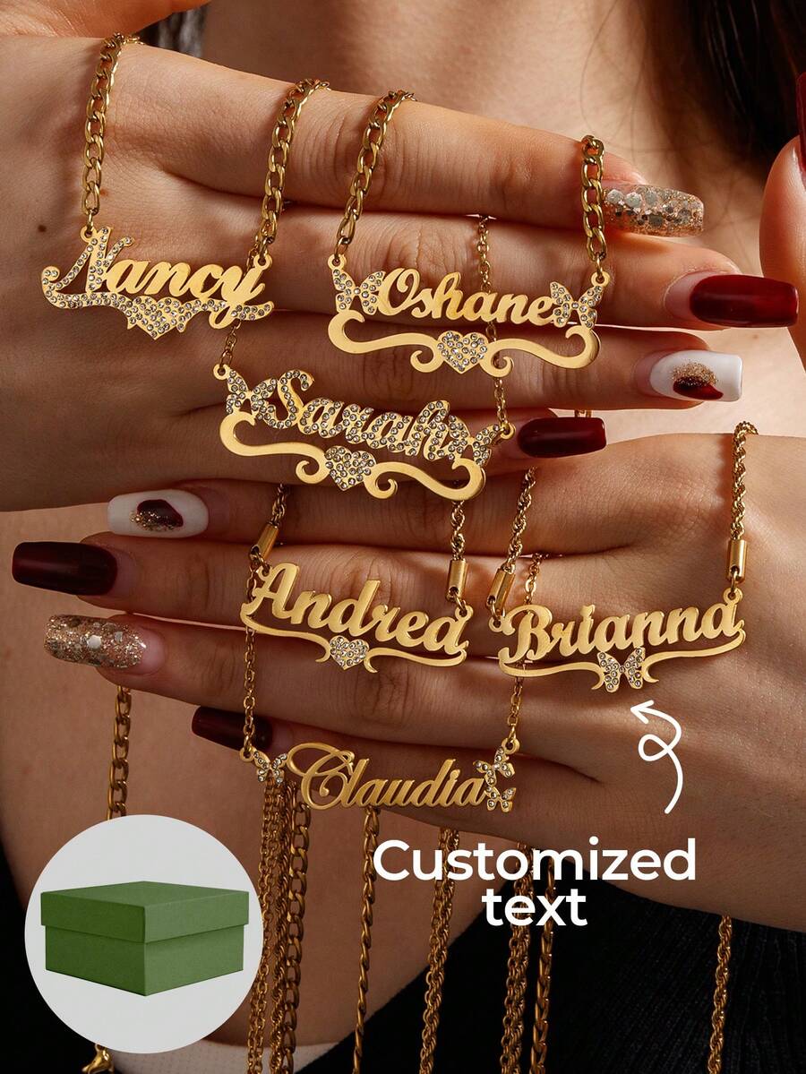 1pc Personalized Zirconia Necklace, Customized Necklace, Heart, Butterfly, Crown, Different Styles To Choose From, Inlaid Zirconia Necklace, Gold Nameplate Personalized Customized Jewelry Necklace, As A Valentine's Day Gift, Mother's Day Gift - Gold - View 1