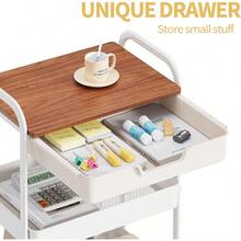 3-Tier Metal Rolling Utility Cart With Drawer And Wooden Table Top, White Storage Trolley With Locking Wheels For Kitchen, Office, Classroom, Dorm, And Bedroom - White - View 6