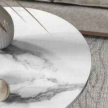 Set Of 2 Round Coffee Tables, Side Table With Shelf, Steel Frame, Marble-Effect Living Room Table, Coffee Table For Living Room/Bedroom, White - Mustard Yellow - View 7