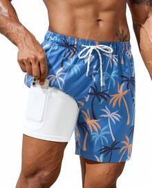 7inch Mens Swim Trunks: With Compression Liner Zipper Pocket Drawstring Quick Dry Stretch Lined Tree Beach PoolA Valentine's Day EEC3 - 藍色椰子樹 - 查看 1