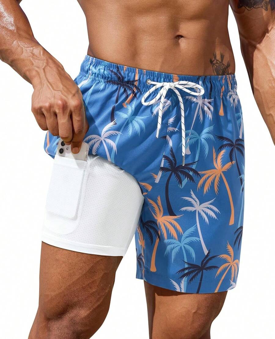 7inch Mens Swim Trunks: With Compression Liner Zipper Pocket Drawstring Quick Dry Stretch Lined Tree Beach PoolA Valentine's Day EEC3 - 藍色椰子樹 - 查看 1