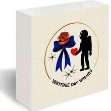 VEHYTINIE DAY WISHES Square White Decorative Wooden Box With Astronaut Holding Red Heart & Orange Rose With Blue Ribbon - Retro Whimsical Design For Valentine's Day Birthday Gift - White - View 1
