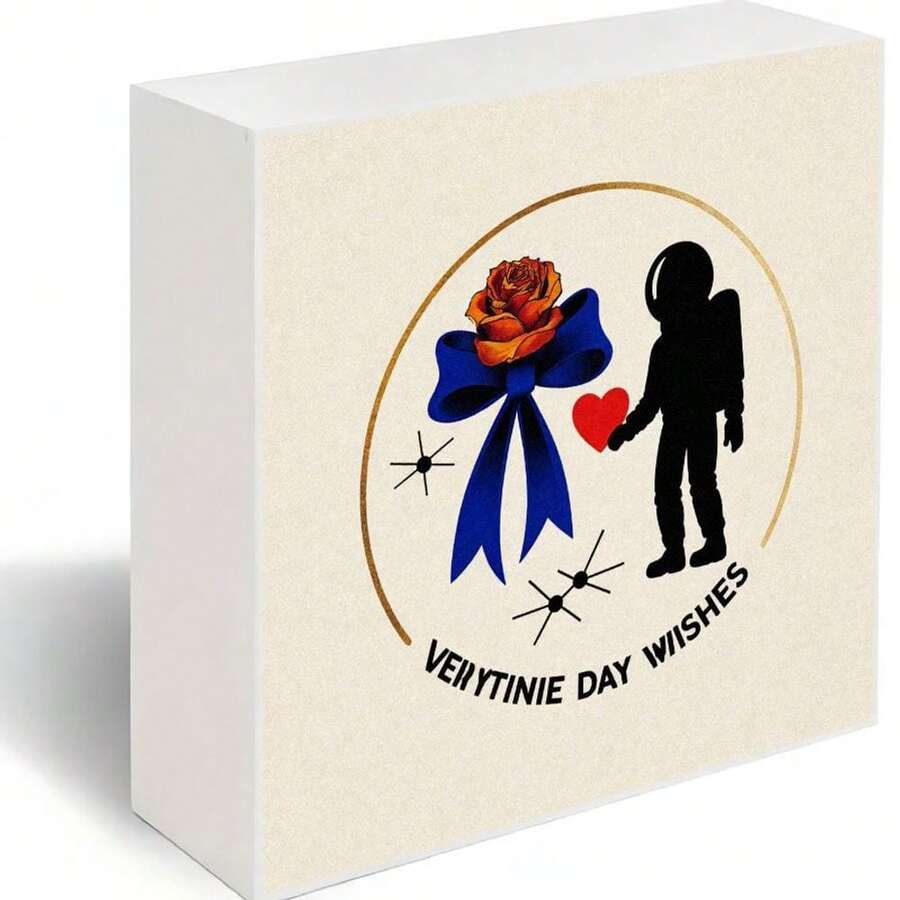 VEHYTINIE DAY WISHES Square White Decorative Wooden Box With Astronaut Holding Red Heart & Orange Rose With Blue Ribbon - Retro Whimsical Design For Valentine's Day Birthday Gift - White - View 1