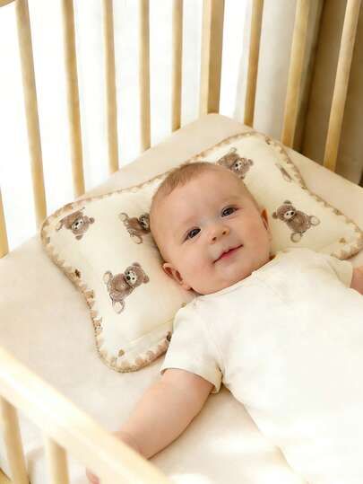 1pc Newborn Pillow, Breathable Baby Pillow, Sleep Pillow, Cute Cartoon Bear Design, Infant Pillow, Soft & Comfortable, Washable, Suitable For Baby Boys And Girls, Bedroom Decor, Bedroom Accessarles, Valentine's Day Gift