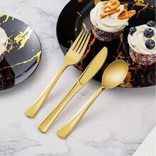 50/25/12/7pcs Gold Plastic Cutlery Set; Knives, Forks, Spoons, Suitable For 50 Guests, Cake Forks, Dessert Spoons, Salad Knives And Forks, Pasta Forks And Spoons, Reusable And Washable, Premium Tableware, Ideal For: Birthday, Wedding, Party, Family Gathering, Team Building, Outdoor BBQ, Camping, Banquet, School Supplies, Graduation Ceremony, Holiday Party And More Occasions (Full Cutlery Set, Full Kitchen Utensils Set, Cutlery, Gold Cutlery) - Gold - View 5