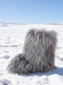 Women's Faux Fur Boot Furry Fluffy Round Toe Suede Winter Comfy Plush Warm Short Outdoor Indoor Flat Shoes Mid-Calf Boots Fashion Boots - 升級款灰色 - 查看 2