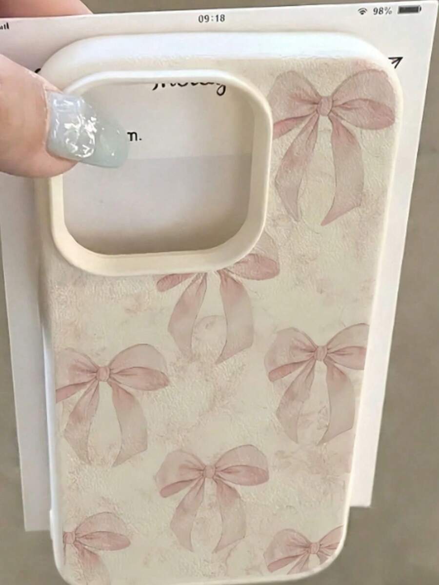 1pc White Leather Texture Minimalist Pink Bow Design Phone Case, Compatible With IPhone 16 Pro Max, 15, 14 Plus, 13, 12, 11, 17 Air - Multicolor - View 1