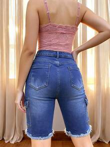 Women's Fashion Denim Cargo Shorts, Straight Leg, Frayed Hem, Medium Stretch, Casual Wear - Royal Blue - View 4