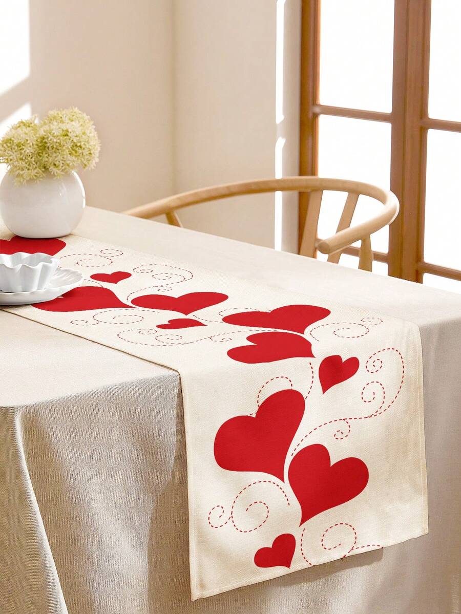 1pc Valentine's Day Heart Pattern Linen Table Runner, Suitable For Holidays, Parties, Birthdays, Dinners, Kitchen & Dining Table Decor, Dresser/Cabinet Cover, All Season Home Decor - Multicolor - View 1
