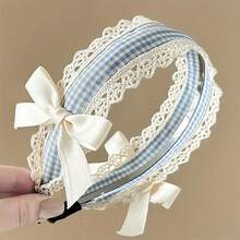 Plaid Blue Cute Headband Lace Versatile Hair Accessories Summer Niche Bow Lolita New - 藍色 - 查看 8