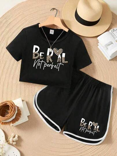 2pcs Tween Girl Letter Print Short Sleeve T-Shirt And Shorts Set