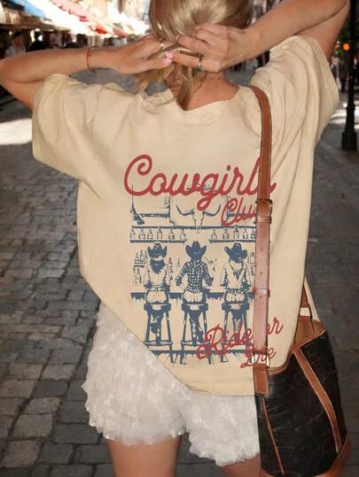1pc Women's Summer Round Neck Short Sleeve T-Shirt, Western Cowgirl & English Letter Print, Loose Casual Versatile. Suitable For Summer, Beach, Street, Daily, Work, Office Party, Outing, Carnival, Music Festival, Valentine's Day, Party. Lovely Y2K Style Women's Crop Top, Women's Vacation Outfit. Elegant Office Wear, Cute Top, Women's Holiday Outfit, Date Night Dress, Ladies Graceful Blouse, Summer Casual Wear, Women's Vacation Attire.