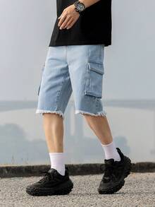 Teenage Boys' Casual Campus Fashion Straight Leg Denim Shorts, Versatile Streetwear - Light Wash - View 4