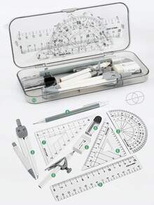 10pcs Geometry Ruler Set, Student Learning Supplies, Exam Use, Includes Compass, Ruler, Triangle, Protractor, Pencil Holder, Random Style - Multicolor - View 10