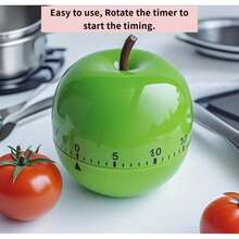 60-Minute Apple-Shaped Kitchen Timer With Hour And Minute Indicators, Available In Green And Red Colors, Battery-Free, Suitable For Cooking, Learning, And Pomodoro Technique - Green - View 5