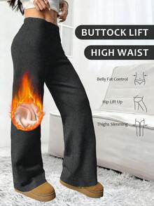 Women's High Waist Fleece Wide Leg Pants - Solid Color, Soft Brushed Comfortable Loose Fit, Warm Design, Casual Pants For Autumn/Winter, Outdoor Versatile Straight Leg Trousers With Elastic Waistband - Dark Grey - View 4