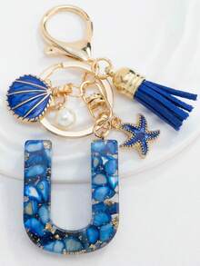 1PC Boho Nautical 26-Letter Resin Keychain - Blue & Golden Initial Pendant With Starfish/Shell/Tassel Charms, Fashionable Key Ring & Couple Bag/Backpack/Beach Bag Charm, Ideal Holiday Gift For Valentine's Day/Birthdays/Parties - Royal Blue - View 30