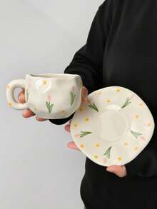 一套花卉图案陶瓷咖啡杯碟，欧式简约风格陶瓷杯碟，咖啡杯碟，手绘简约杯碟，家用早餐牛奶杯，咖啡杯，果汁杯，水杯，下午茶杯，礼品杯 - 彩色 - 查看 15