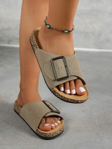 Women's Casual Fashion Versatile Flat Sandals, With Arch Support And Adjustable Buckle, Wear-Resistant Non-Slip, Round Toe Single-Strap Sandals - Sand - View 5