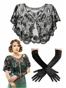 2Pcs D EXCEED 1920s Women's Sequin Shawl With Long Gloves Set, Retro Classic Gatsby Costume Collection - For 20s Retro Party, Balls, Galas, Weddings, Cosplay, Cocktail Party - Multicolor - View 2