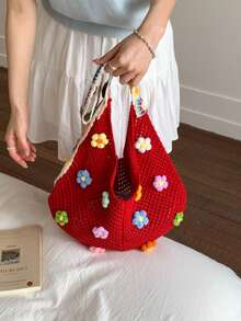 Borsa a tracolla estiva in paglia casual, borsa shopping da donna con grande capacità - Rosso - Visualizzare 6