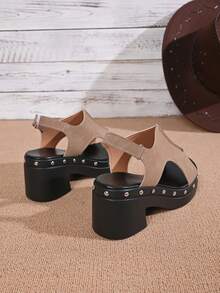 Women's Gothic Style Thick Sole Sandals, Open Toe Design, Chunky Heel, Vintage Rivet Decor, Punk Style Hook And Loop Closure, Suitable For Party, Outdoor, Casual, Summer Beach - Coffee Brown - View 3