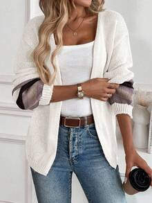 Women's Soft Colorblock Striped Lantern Sleeve Cardigan, Women's Spring Fashion Essential Knitted Sweater For Spring/Summer, Western Outfit & Valentine/Christmas/New Years Top, Women Curve-Flattering Holiday Gift - 白色 - 查看 4